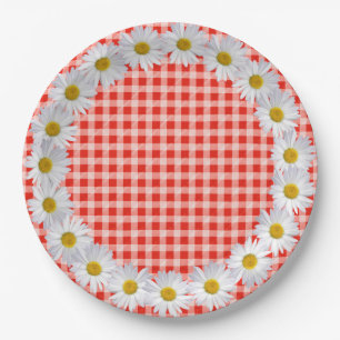 White Daisy Border On Gingham Paper Plates