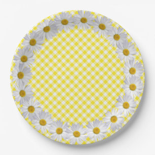 White Daisy Border On Gingham Paper Plates