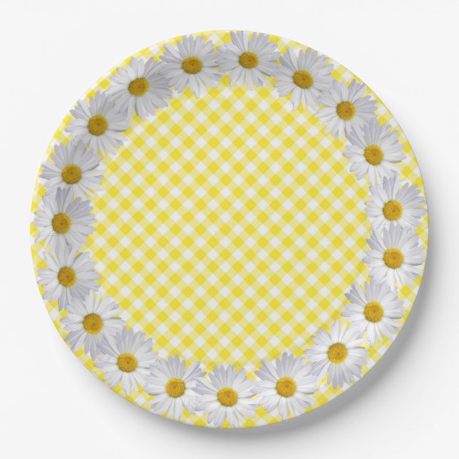 White Daisy Border On Gingham Paper Plates (Front)