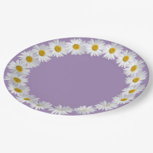 White Daisy Border On Purple Paper Plates