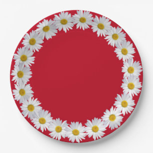 White Daisy Border On Red Paper Plates