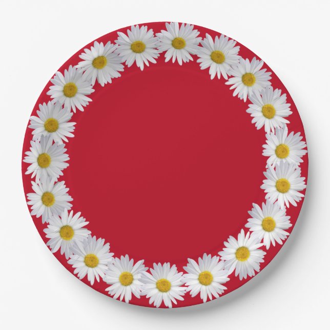 White Daisy Border On Red Paper Plates (Front)