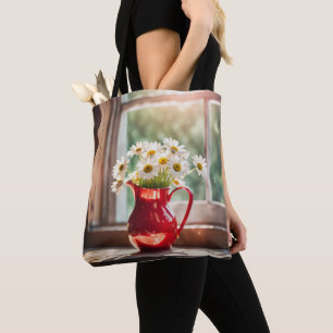 White Daisy Bouquet In Red Pitcher Tote Bag