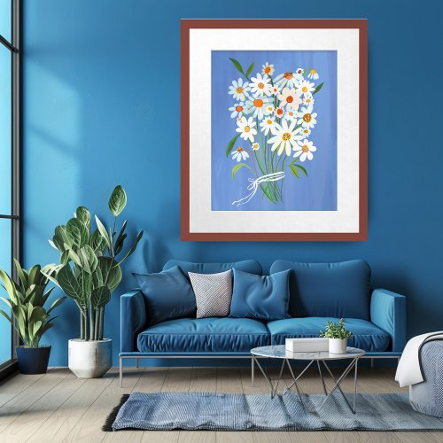 White Daisy Bouquet on Blue Gouache Painting Art Poster