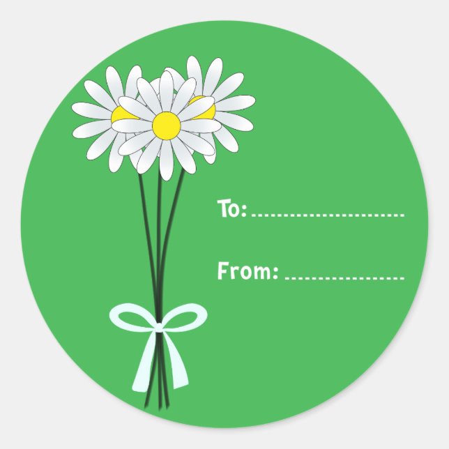 White Daisy Bouquet on Green Round Sticker (Front)