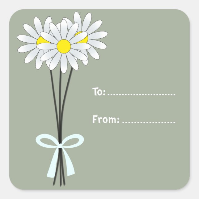 White Daisy Bouquet on Greenish Square Sticker (Front)