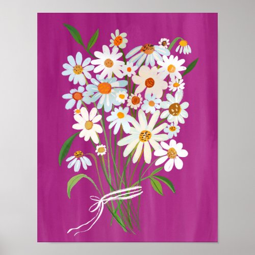 White Daisy Bouquet on Pink Gouache Painting Art Poster