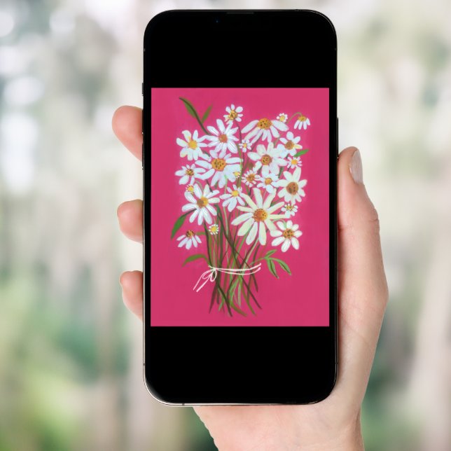 White Daisy Bouquet on Pink Gouache Painting Art Poster (Front Digital)