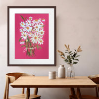White Daisy Bouquet on Pink Gouache Painting Art
