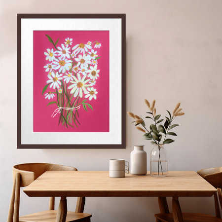 White Daisy Bouquet On Pink Gouache Painting Art Poster