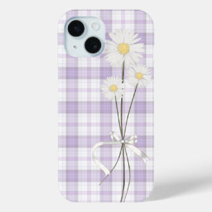 White Daisy Bouquet On Purple Plaid iPhone 15 Case