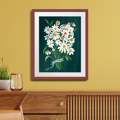 White Daisy Bouquet on Teal Gouache Painting Art Poster