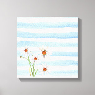 white daisy bouquet on watercolor stripe canvas print