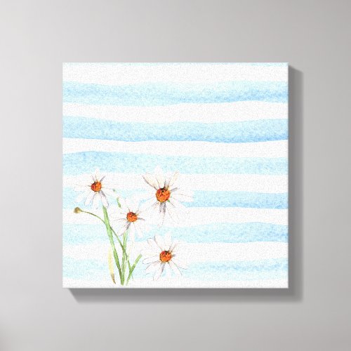 white daisy bouquet on watercolor stripe canvas print