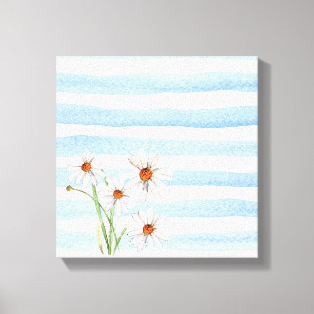 white daisy bouquet on watercolor stripe canvas print (Front)