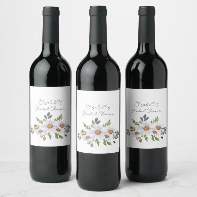 White daisy bridal shower wine bottle label (Bottles)