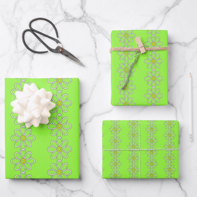White daisy chain on lime green background wrapping paper sheets (Front)