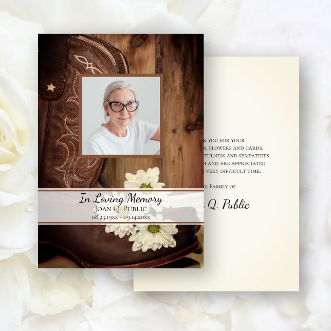 White Daisy Cowboy Boot Funeral Memorial Sympathy Thank You Card (Creator Uploaded)