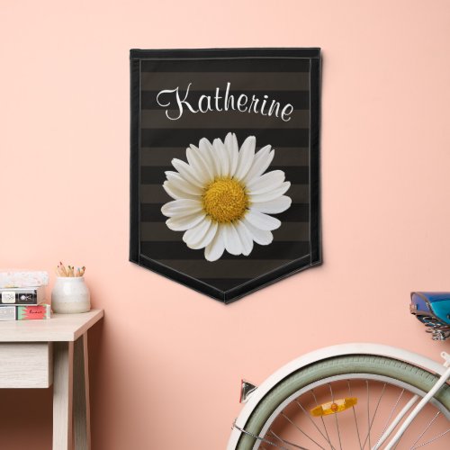 White Daisy Custom Name Brown Striped Pennant