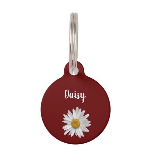 White Daisy Cute Floral Red Burgundy Pet ID Tag