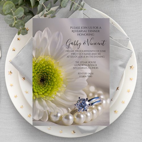 White Daisy Diamond Ring Wedding Rehearsal Dinner Invitation