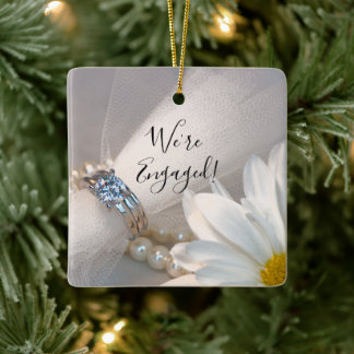 White Daisy Elegance We're Engaged Ceramic Ornament