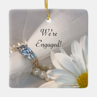 White Daisy Elegance We're Engaged Ceramic Ornament