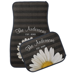 White Daisy Family Name Dark Striped Car Floor Mat
