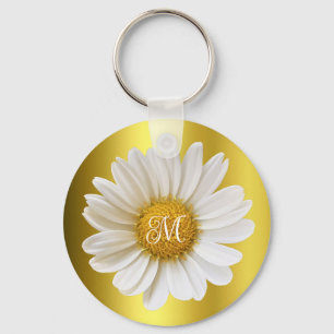 White Daisy Faux Gold Floral Monogram Keychain