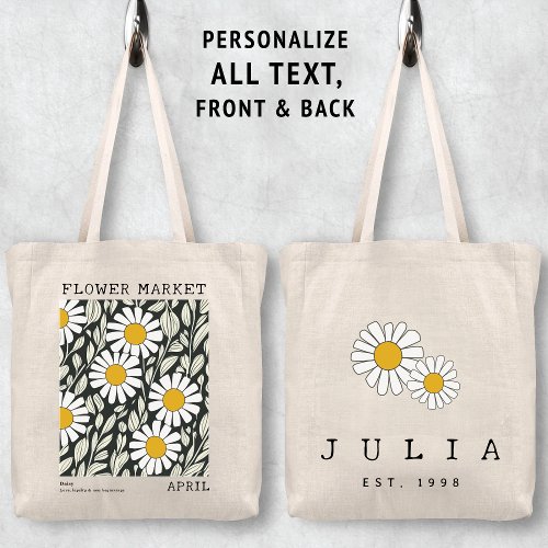 White Daisy Floral April Birth Flower Market Name Tote Bag