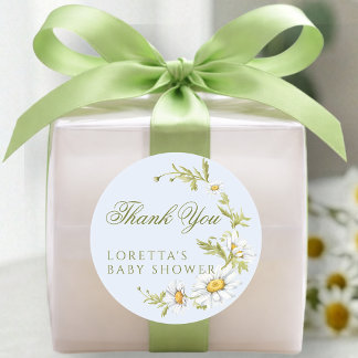 White Daisy Floral Baby Shower Thank You Blue Classic Round Sticker