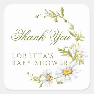 White Daisy Floral Baby Shower Thank You Square Sticker