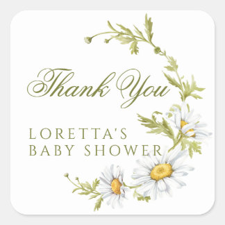 White Daisy Floral Baby Shower Thank You Square Sticker