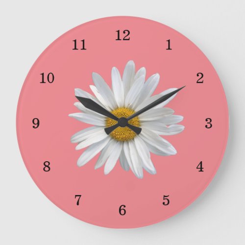 White Daisy Floral Botanical Garden Cute Pink Large Clock