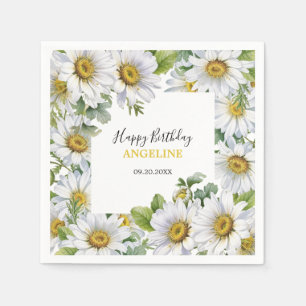White Daisy Floral Greenery Birthday Napkins