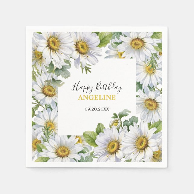 White Daisy Floral Greenery Birthday Napkins (Front)