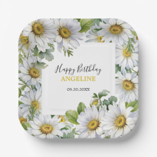 White Daisy Floral Greenery Birthday Paper Plates