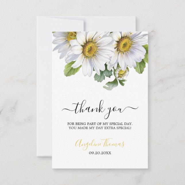 White Daisy Floral Greenery Script Birthday Thank You Card (Front)