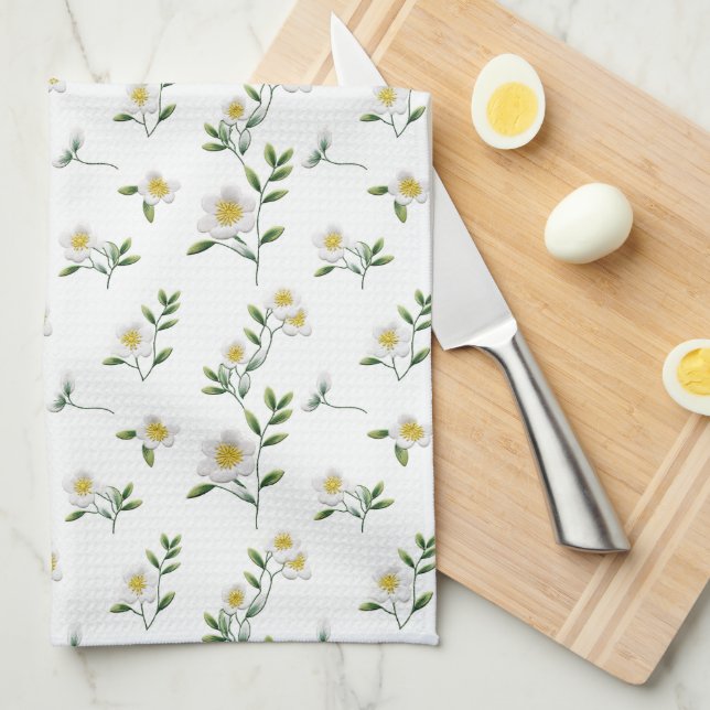 White Daisy Floral  Kitchen Towel (Quarter Fold)