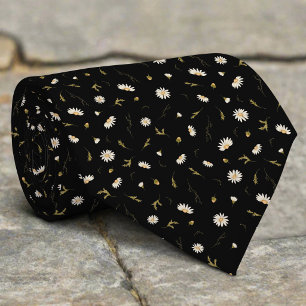 White Daisy Floral On Black Background Neck Tie