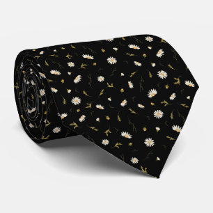White Daisy Floral On Black Background Neck Tie