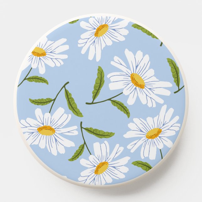 White Daisy Floral Pattern Light Blue Background PopSocket (Popsocket)