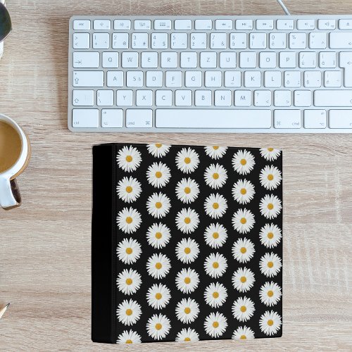 White Daisy Floral Pattern on Black 3 Ring Binder