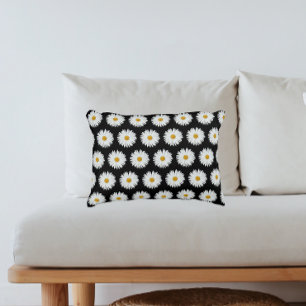 White Daisy Floral Pattern on Black Accent Pillow