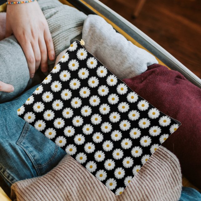 White Daisy Floral Pattern on Black Accessory Pouch (In Situ)