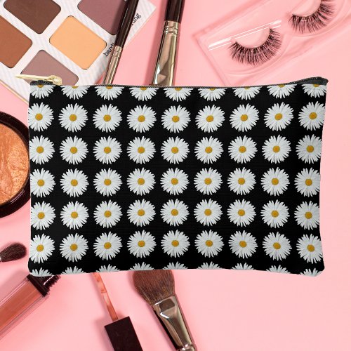 White Daisy Floral Pattern on Black Accessory Pouch