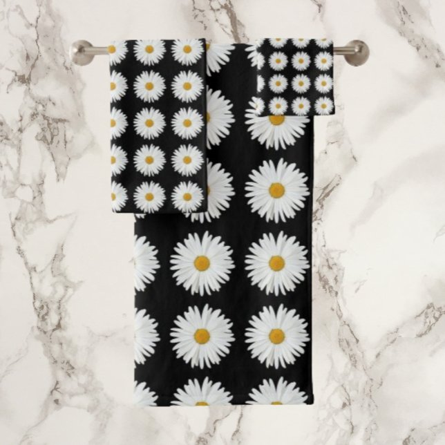 White Daisy Floral Pattern on Black Bath Towel Set (In Situ)