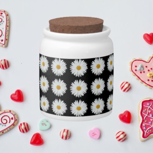 White Daisy Floral Pattern on Black Candy Jar