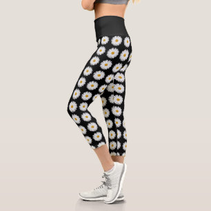 White Daisy Floral Pattern on Black Capri Leggings