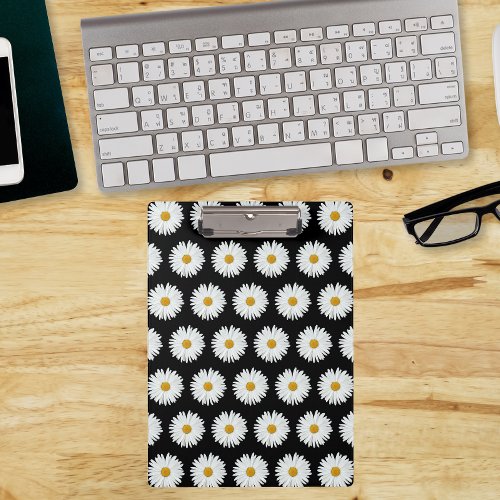 White Daisy Floral Pattern on Black Clipboard